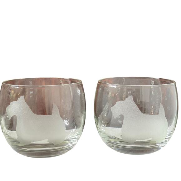 Vintage Etched Scottie Dog Terrier Roly Poly Cocktail Glasses MCM Set of 4 READ - Picture 3 of 12